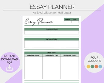 Peut inclure: Planificateur d'essais imprimable avec des sections pour la classe, la date d'échéance, la question de l'essai, l'introduction et trois paragraphes. Le planificateur a un schéma de couleurs vert et blanc et le texte "Essay Planner" est écrit en cursive.