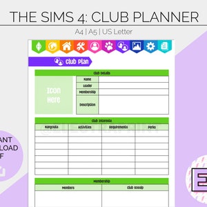 The Sims 4: Club Plan | Printable Planner Pages | Hobby Tracker | PC Game Log | Bullet Journal | Build Create Play | RPG | Instant Download