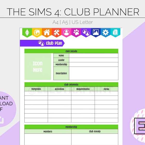 The Sims 4: Club Plan | Printable Planner Pages | Hobby Tracker | PC Game Log | Bullet Journal | Build Create Play | RPG | Instant Download