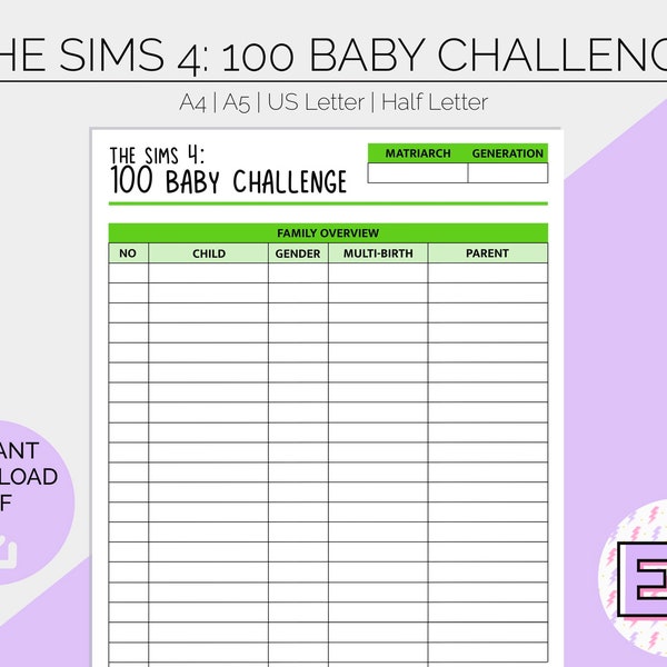 The Sims 4 100 Baby Challenge | Printable Planner Pages | Hobby Tracker | Gamer Log | Bullet Journal | Build Create Play | Instant Download