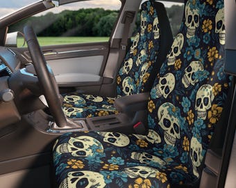 Skulls Gothic Car Seat Covers For Car, Floral Skulls Pastel Gothic Car Accessories Women, Witchy Vampire Goth Horror Car Decor, Spooky Cute
