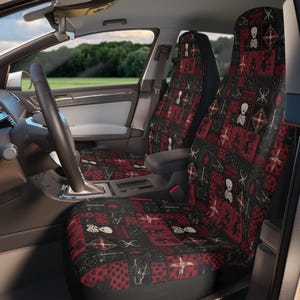 Gothic Car Seat Covers, Goth Patchwork Vintage Printed Quilt Style Car Seat Protector, Gothic Cute Car Accessories, Horror Vampire Style Car