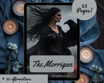 May include: A digital tablet displays an image of a woman in black with a raven, the text "The Morrigan" and "53 Pages!". The tablet is surrounded by lit candles and blue flowers. The text also includes "30 affirmations", "30 devotionals", and "30 shadow work prompts".