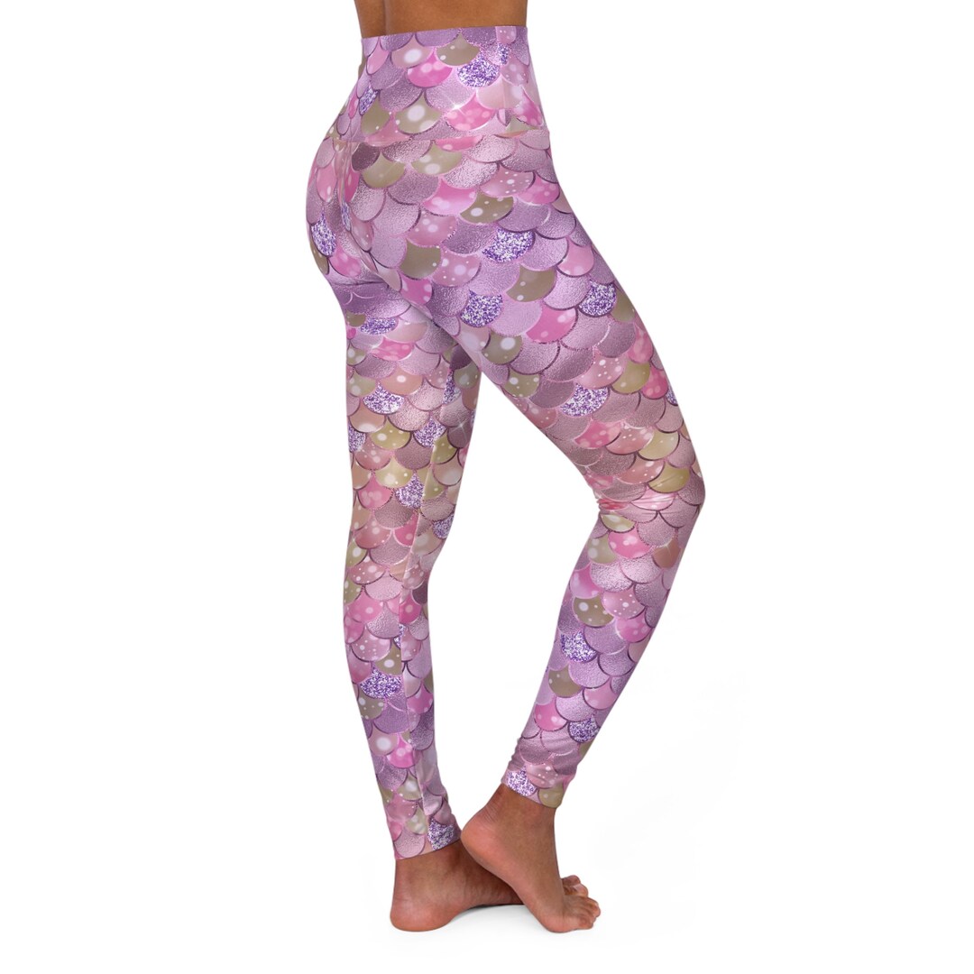 Pink Mermaid Leggings, Ocean Inspired Style Workout High Waisted Leggings, Nautical Beach Style
