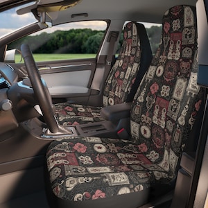 Gothic Car Seat Covers, Goth Patchwork Vintage Printed Quilt Style Car Seat Protector, Gothic Cute Car Accessories, Horror Vampire Style Car