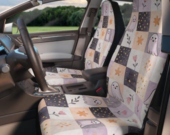 Halloween Coquette Set of 2 Car Seat Covers, Pink Bows, Ghosts & Hearts, Kawaii Girly Car Decor, Spooky Cute Auto Accessories for Women