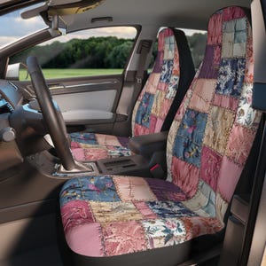 Set of 2 floral quilt boho car seat covers, vintage botanical patchwork aesthetic universal fit front bucket embroidered seat cover