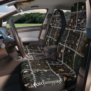 Goth Patchwork Car Seat Cover Set, Print Faux Illusion Patchwork Crochet Quilt Car Seat Cover Interior Gothic Vintage Preppy New Driver Gift