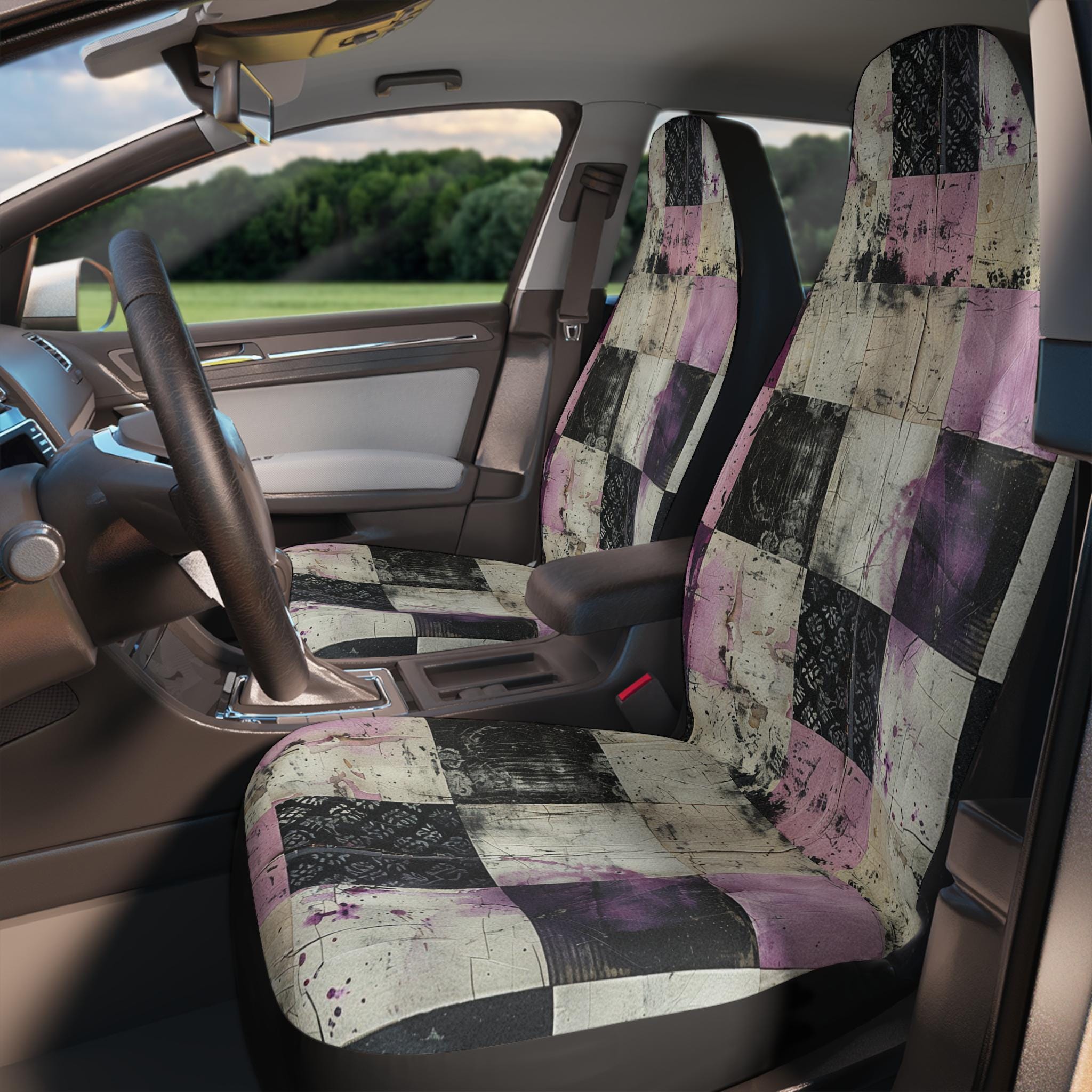 Fundas de asiento de coche con diseño de patchwork bohemio morado para vehículo, protector de asiento con estampado de patchwork, accesorios de coche bonitos y coquetos de estilo retro vintage para mujer