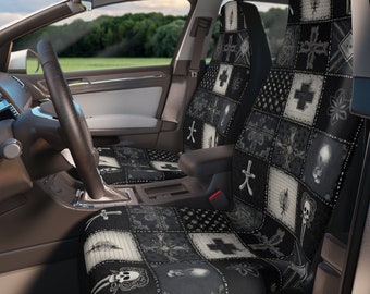 Goth Patchwork Car Seat Cover Set, Print Faux Illusion Patchwork Crochet Quilt Car Seat Cover Interior Gothic Vintage Preppy New Driver Gift