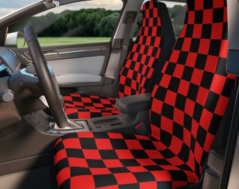 Red Checkered Car Seat Covers, Checkerboard Car Accessories, Red Checkerboard Car Seat Cover For Women, Kawaii Car Seat Cover Boho Mats