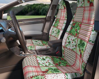 Pink Strawberry Patchwork Car Seat Covers Set of 2, Coquette Boho Aesthetic, Universal Fit, Cute Car Accessories for Women Drivers