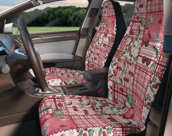 Pink Red Cherry Patchwork Car Seat Covers Set of 2, Cottagecore Boho Style, Universal Fit, Cute Car Accessories for Women Gift Idea