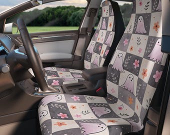 かわいいピンクのウサギと頭蓋骨のカーシートカバー、かわいいカー