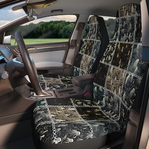 Goth Patchwork Car Seat Cover Set, Print Faux Illusion Patchwork Crochet Quilt Car Seat Cover Interior Gothic Vintage Preppy New Driver Gift