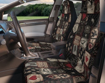 Goth Patchwork Car Seat Cover Set, Print Faux Illusion Patchwork Crochet Quilt Car Seat Cover Interior Gothic Vintage Preppy New Driver Gift