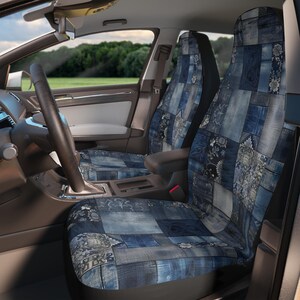 Denim Patchwork Car Seat Cover Set, Print Faux Illusion Patchwork Crochet Quilt Car Seat Cover Interior Gothic Vintage Preppy New Driver