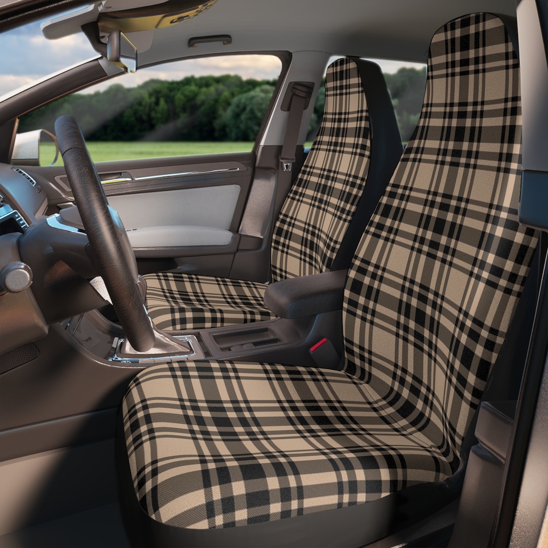 Beige Tartan Car Seat Cover, Retro Vintage Boho Car Accessories