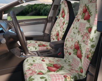 Strawberry Coquette Car Seat Covers Set of 2, Floral Patchwork Car Seat Cover Protector Set, Cottagecore Boho Cute Retro Car Accessories