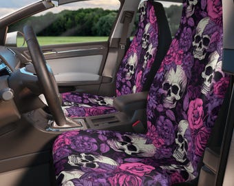 Skulls Gothic Car Seat Covers For Car, Floral Skulls Pastel Gothic Car Accessories Women, Witchy Anime Goth Horror Car Decor, Spooky Cute