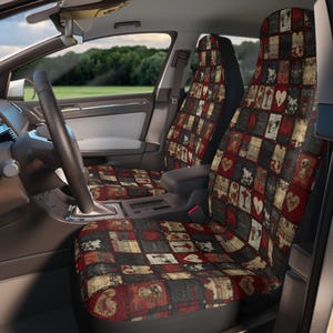 Gothic Car Seat Covers, Goth Patchwork Vintage Printed Quilt Style Car Seat Protector, Gothic Cute Car Accessories, Horror Vampire Style Car