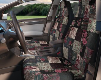 May include: A pair of car seat covers with a patchwork design featuring floral patterns in shades of pink, green, and brown. The covers are made of a soft, comfortable fabric and are designed to protect your car seats from wear and tear.