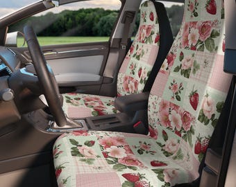 Strawberry Coquette Car Seat Covers Set of 2, Floral Patchwork Car Seat Cover Protector Set, Cottagecore Boho Cute Retro Car Accessories