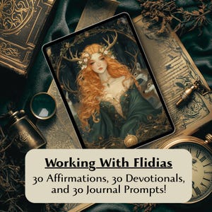 May include: A digital art print on a tablet featuring a woman with red hair, antlers, and a floral crown. The image is surrounded by antique books, a magnifying glass, and a pocket watch. Text on the image reads "Working With Flidias" and lists affirmations, devotionals, and journal prompts.