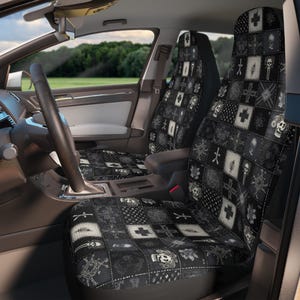 Gothic Car Seat Covers, Goth Patchwork Vintage Printed Quilt Style Car Seat Protector, Gothic Cute Car Accessories, Horror Vampire Style Car