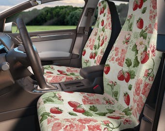 Strawberry Coquette Car Seat Covers Set of 2, Floral Patchwork Car Seat Cover Protector Set, Cottagecore Boho Cute Retro Car Accessories