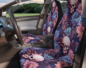 Skulls Gothic Car Seat Covers For Car, Floral Skulls Pastel Gothic Car Accessories Women, Witchy Anime Goth Horror Car Decor, Spooky Cute