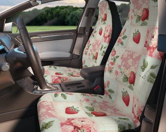 Strawberry Coquette Car Seat Covers Set of 2, Floral Patchwork Car Seat Cover Protector Set, Cottagecore Boho Cute Retro Car Accessories