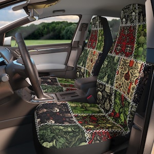 Goth Patchwork Car Seat Cover Set, Print Faux Illusion Patchwork Crochet Quilt Car Seat Cover Interior Gothic Vintage Preppy New Driver Gift