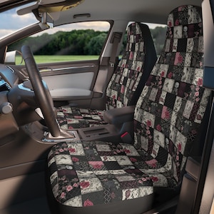 Gothic Car Seat Covers, Goth Patchwork Vintage Printed Quilt Style Car Seat Protector, Gothic Cute Car Accessories, Horror Vampire Style Car
