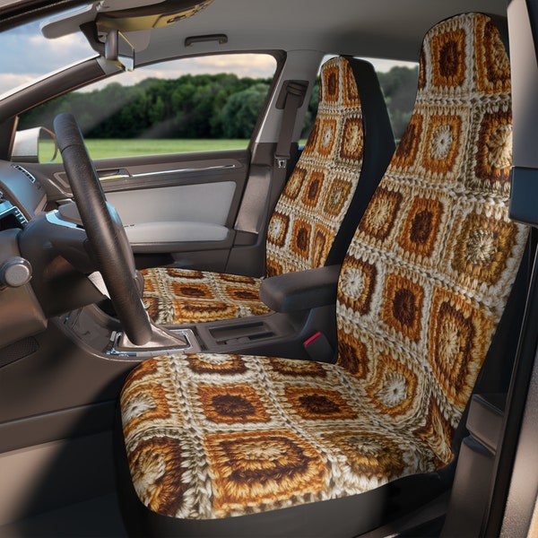 Crochet Car Seat Cover, Faux Printed Illusion Car Seat Cover Full Set, Granny Square Quilt Boho Vintage Kawaii Cute Car Interior Accessories