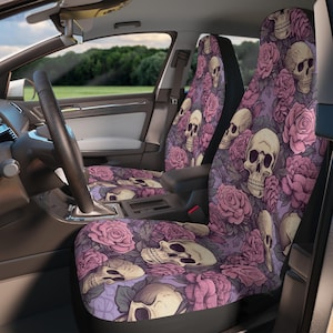 Skulls Gothic Car Seat Covers For Car, Floral Skulls Pastel Gothic Car Accessories Women, Witchy Anime Goth Horror Car Decor, Spooky Cute