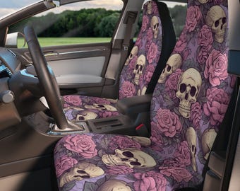 Skulls Gothic Car Seat Covers For Car, Floral Skulls Pastel Gothic Car Accessories Women, Witchy Anime Goth Horror Car Decor, Spooky Cute