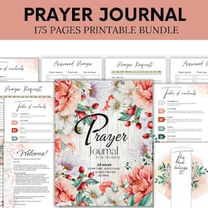 May include: A printable prayer journal bundle containing 175 pages. The cover features a floral design with pink, white, and green flowers on a woodgrain background. The title "Prayer Journal for Women" is written in black script font. The text "24-week Scripture, Devotional & Guided Prayer Journal" is written in smaller black font.