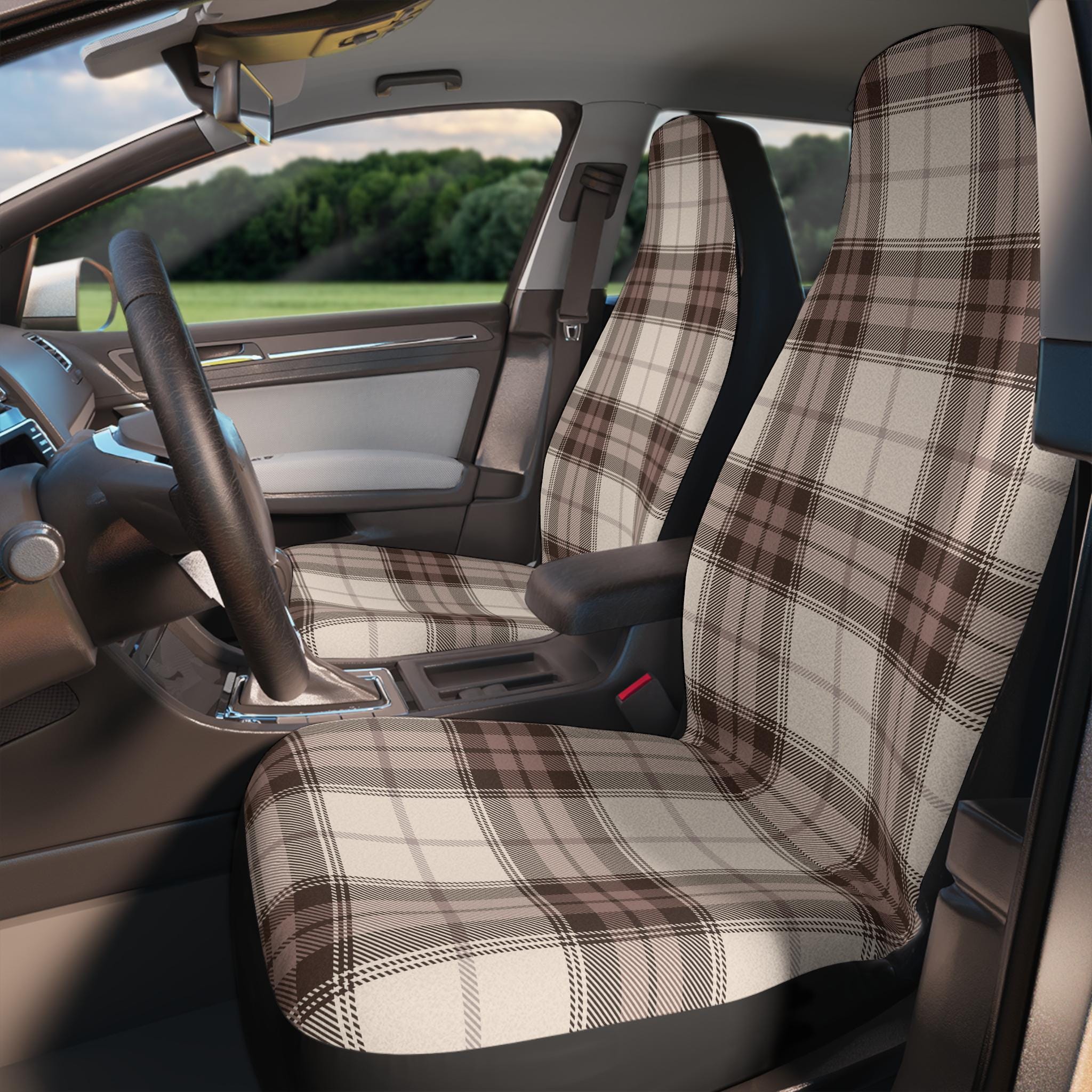 Tan Tartan Plaid Car Seat Covers, Plaid Vintage Seat Cover Seat Protector Set, Boho Car Seat Covers for Vehicle, Cute Car Accessories Women