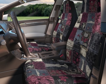 Goth Patchwork Car Seat Cover Set, Print Faux Illusion Patchwork Crochet Quilt Car Seat Cover Interior Gothic Vintage Preppy New Driver Gift