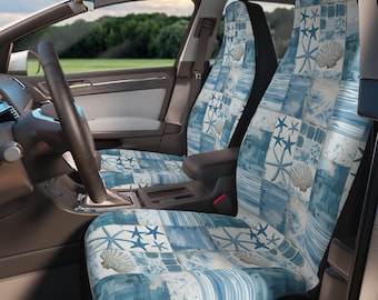 Coastal Boho Car Seat Covers, Tropical Sea Print Patchwork Car Seat Protectors Set, Beach Van Camper Glamping Boho Car Accessories for Women