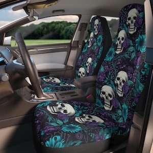 Skulls Gothic Car Seat Covers For Car, Floral Skulls Pastel Gothic Car Accessories Women, Witchy Vampire Goth Horror Car Decor, Spooky Cute