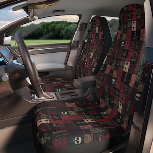 Gothic Car Seat Covers, Goth Patchwork Vintage Printed Quilt Style Car Seat Protector, Gothic Cute Car Accessories, Horror Vampire Style Car