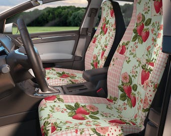Strawberry Coquette Car Seat Covers Set of 2, Floral Patchwork Car Seat Cover Protector Set, Cottagecore Boho Cute Retro Car Accessories