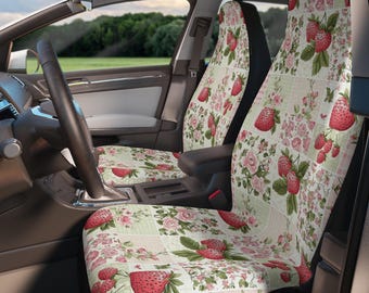 Strawberry Coquette Car Seat Covers Set of 2, Floral Patchwork Car Seat Cover Protector Set, Cottagecore Boho Cute Retro Car Accessories
