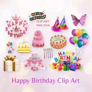 Feliz Aniversário Clip Art, Aniversário PNG SVG, Balões Clip Art, Presentes, Cartões de Aniversário DIY, Panfletos de Festa, Uso Comercial Ok!