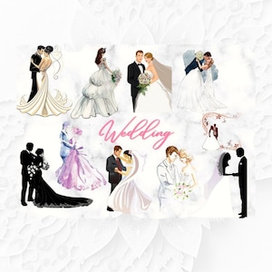 Braut und Bräutigam Clip Art, Hochzeit Clip Art, Illustrierte Hochzeit PNG-Dateien, Braut Clip Art, Hochzeitseinladungen, Brautpartys, Verlobungen