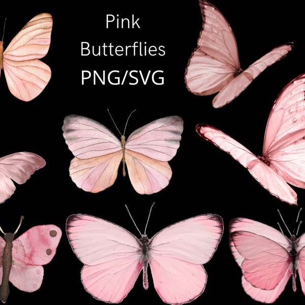 Watercolor Pink Butterfly PNGS Digital Download Only/Transparent Background Clip Art Sublimation Images