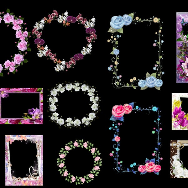 Flower Picture Frames Pack Transparent Background PNGS Digital Download/ Flower Clip Art Sublimation -Frames for Digital Art Pictures