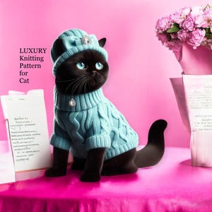May include: A black cat wearing a light blue knitted sweater with a cable knit pattern. The cat is wearing a white hat with a black bow and a rhinestone. The cat is sitting on a pink surface. The text "LUXURY Knitting Pattern for Cat" is in the upper left corner of the image.